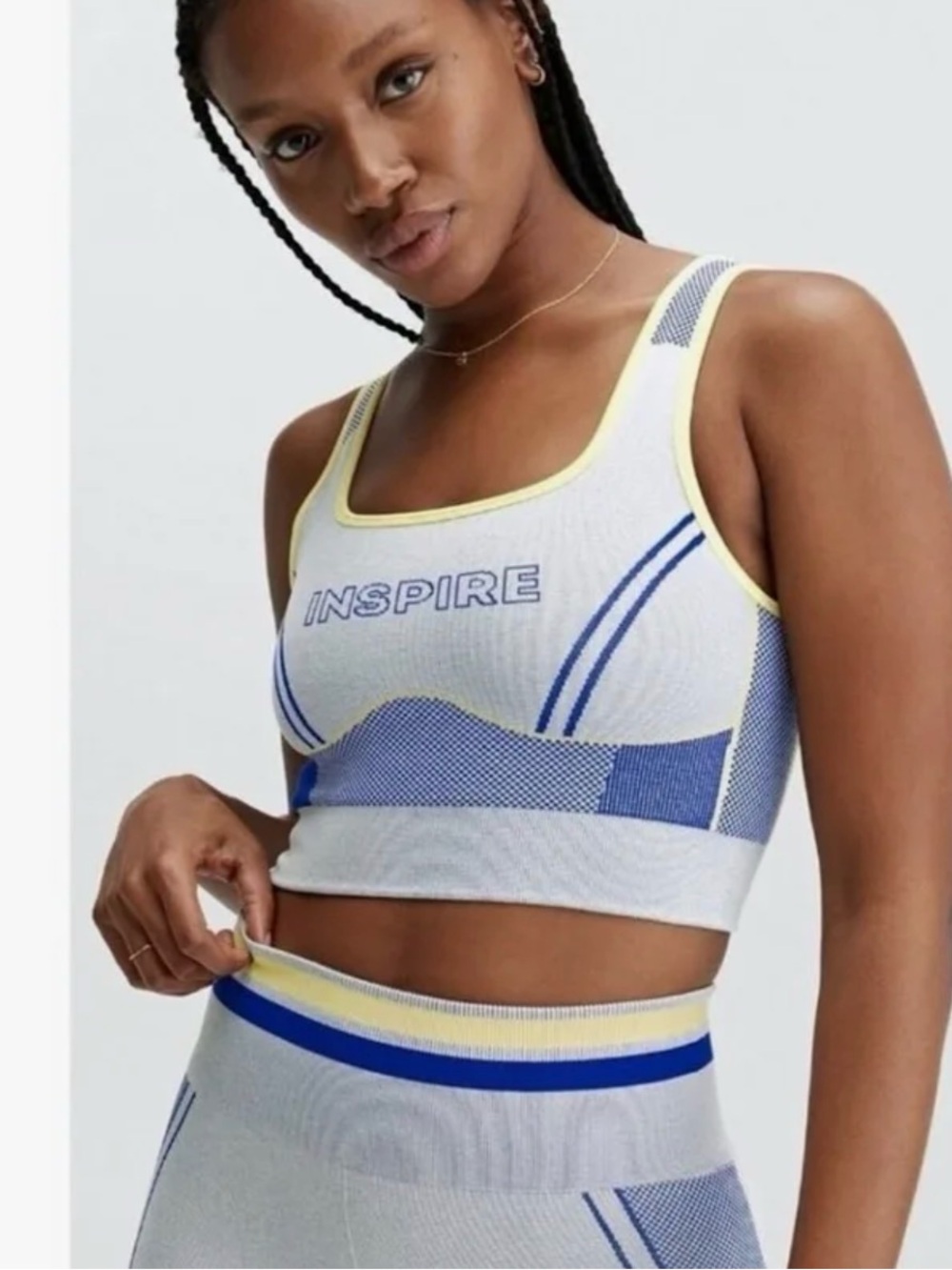 Inspire Seamless Ribbed Sports Crop - Light Gray, Blue & Yellow